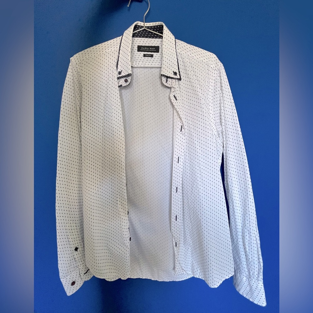 Slim Fit- White & Dark Blue Long Sleeve Shirt white
